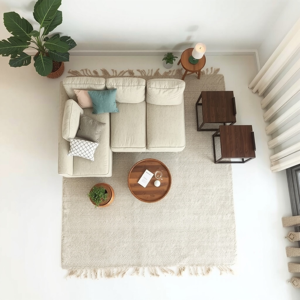 Top-down view of floating furniture arrangement