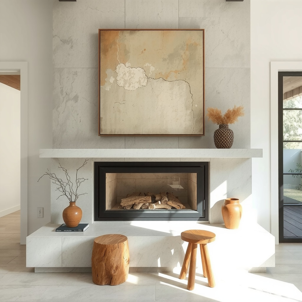A limestone fireplace with abstract art