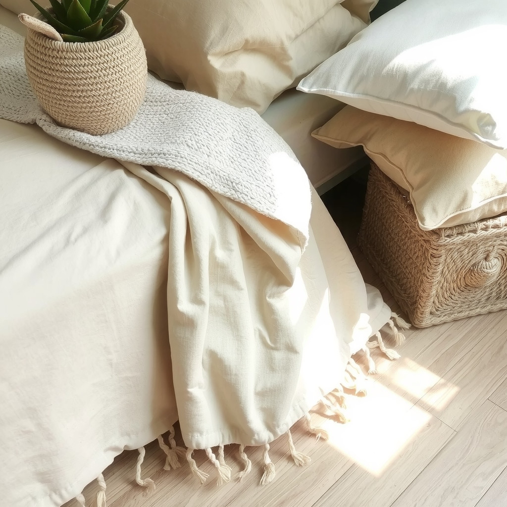 Textiles and planter details on bed