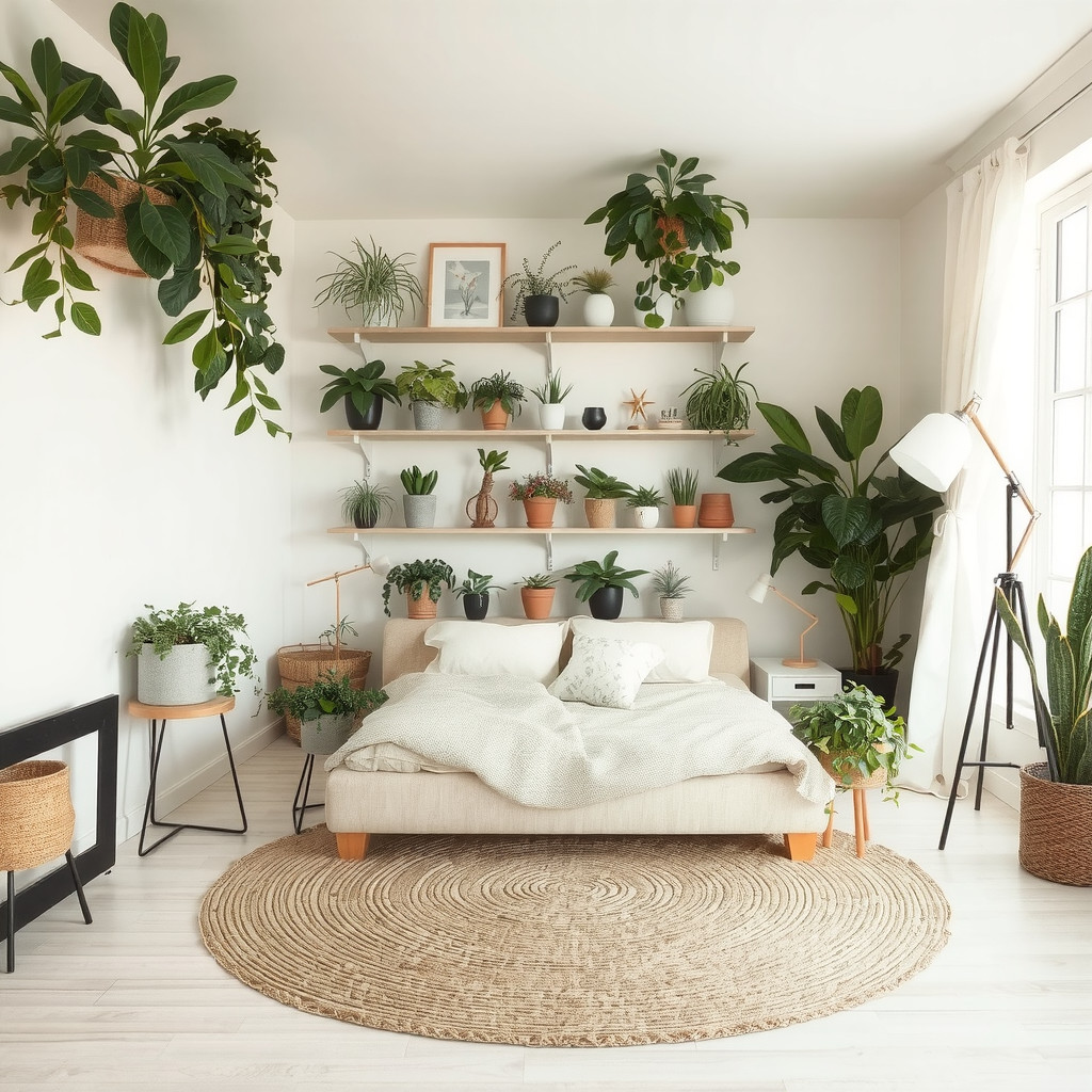 Cozy plant-filled bedroom overview