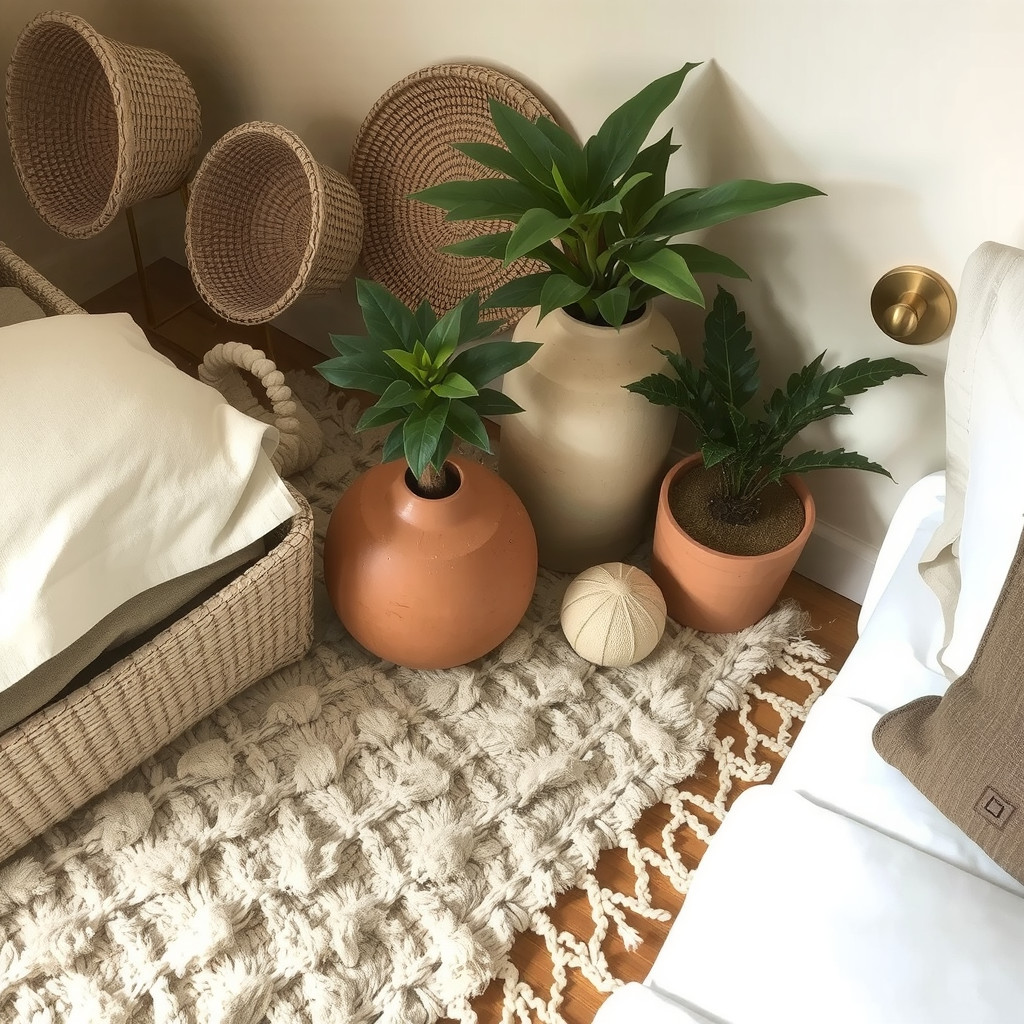 Textiles and pots near planters