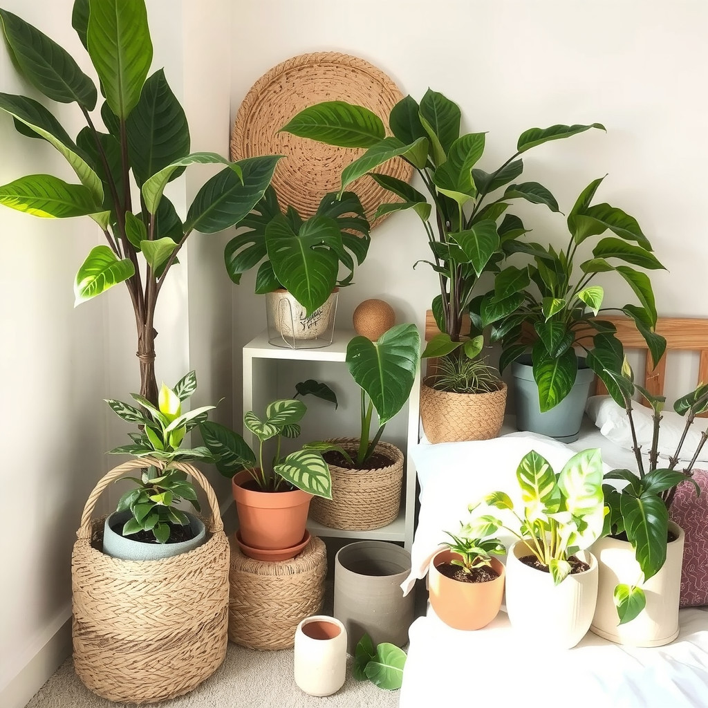 Grouped low-maintenance bedroom plants