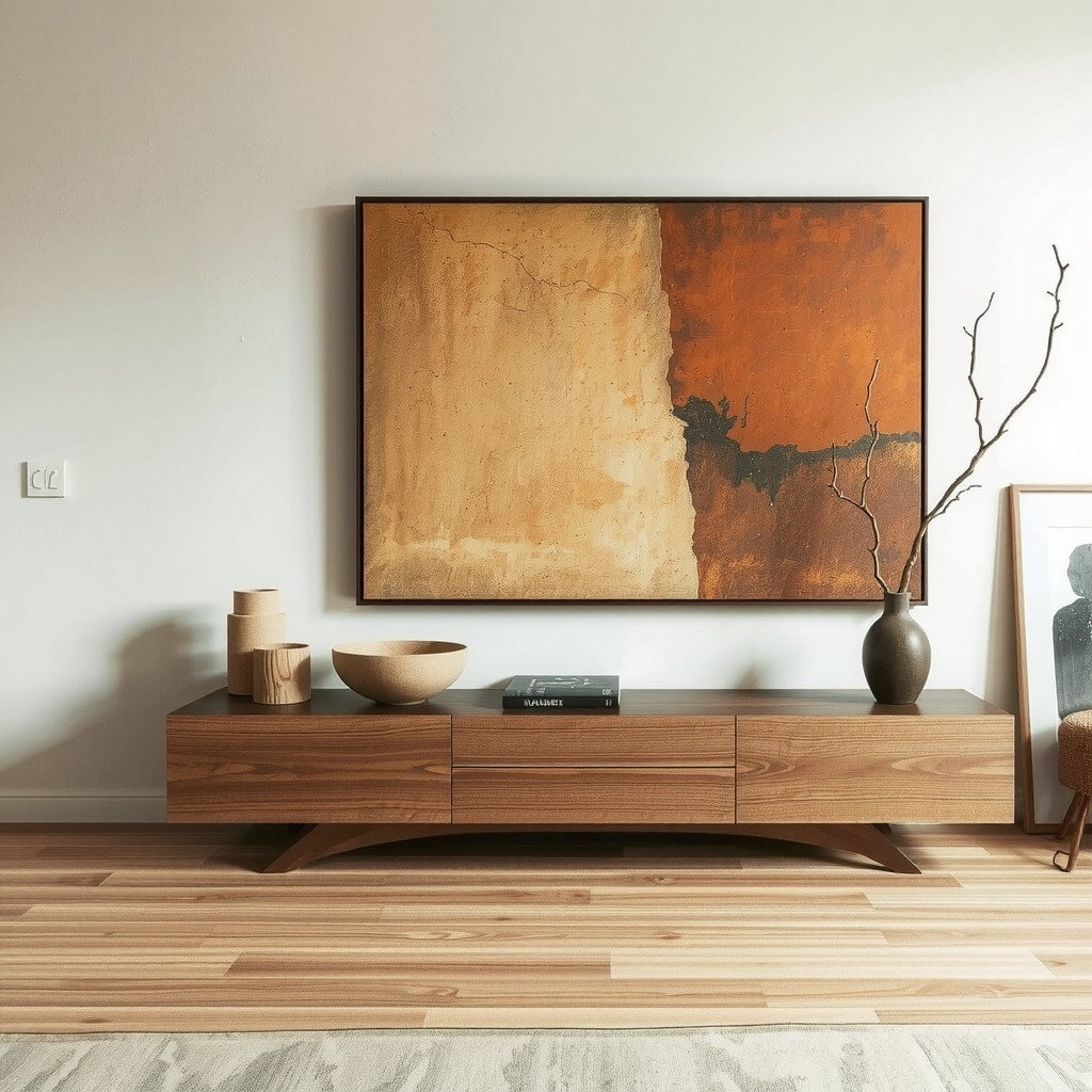 Earthy focal point around fireplace and art