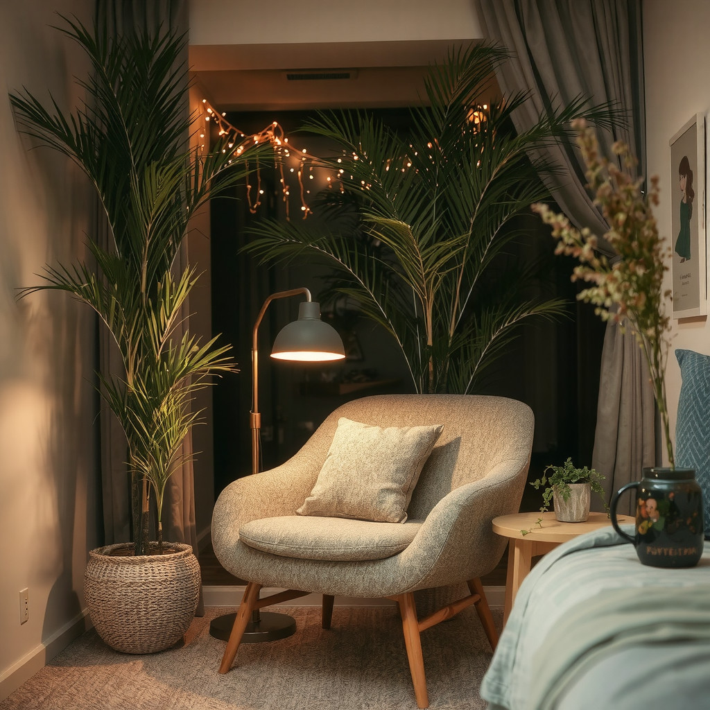 Soft layered bedroom lighting with plants