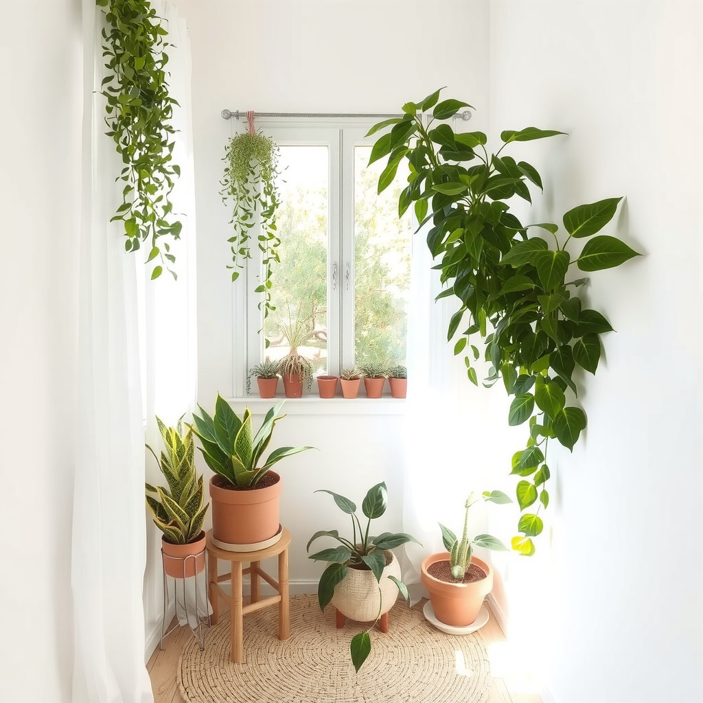 Clustered bedroom plants in natural light