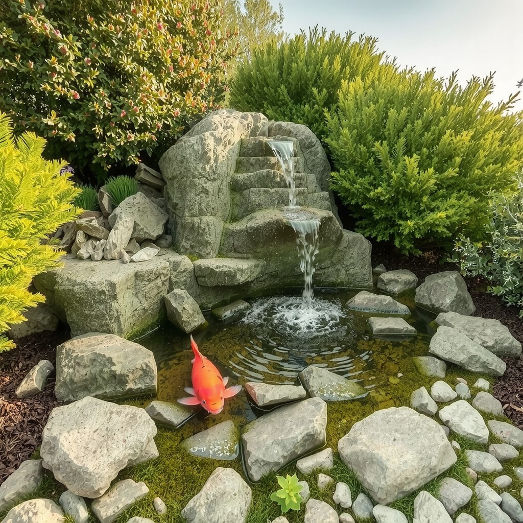 Natural rock waterfall in a garden corner