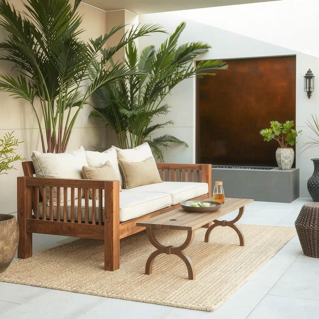 Cozy outdoor seating area with textiles near water feature