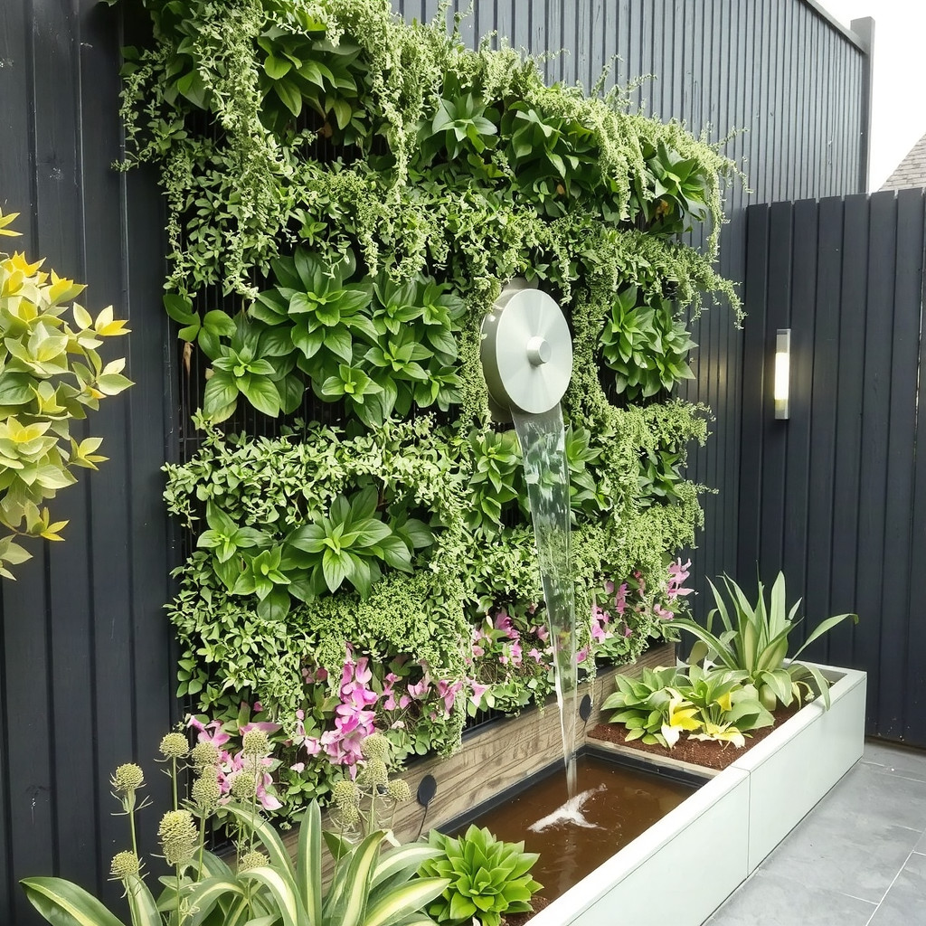 Vertical garden wall with integrated sleek waterfall