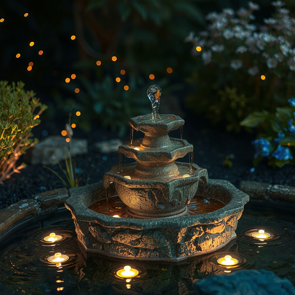 Nighttime garden scene with illuminated fountain