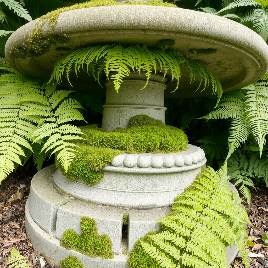 Lush ferns and moss surrounding a stone fountain base