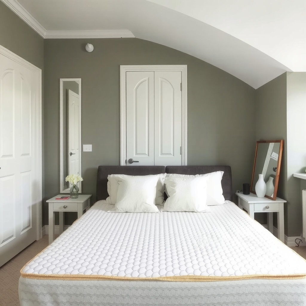 A bedroom with a bed positioned away from the door, a comfortable mattress, and plush pillows, all in a calming color scheme