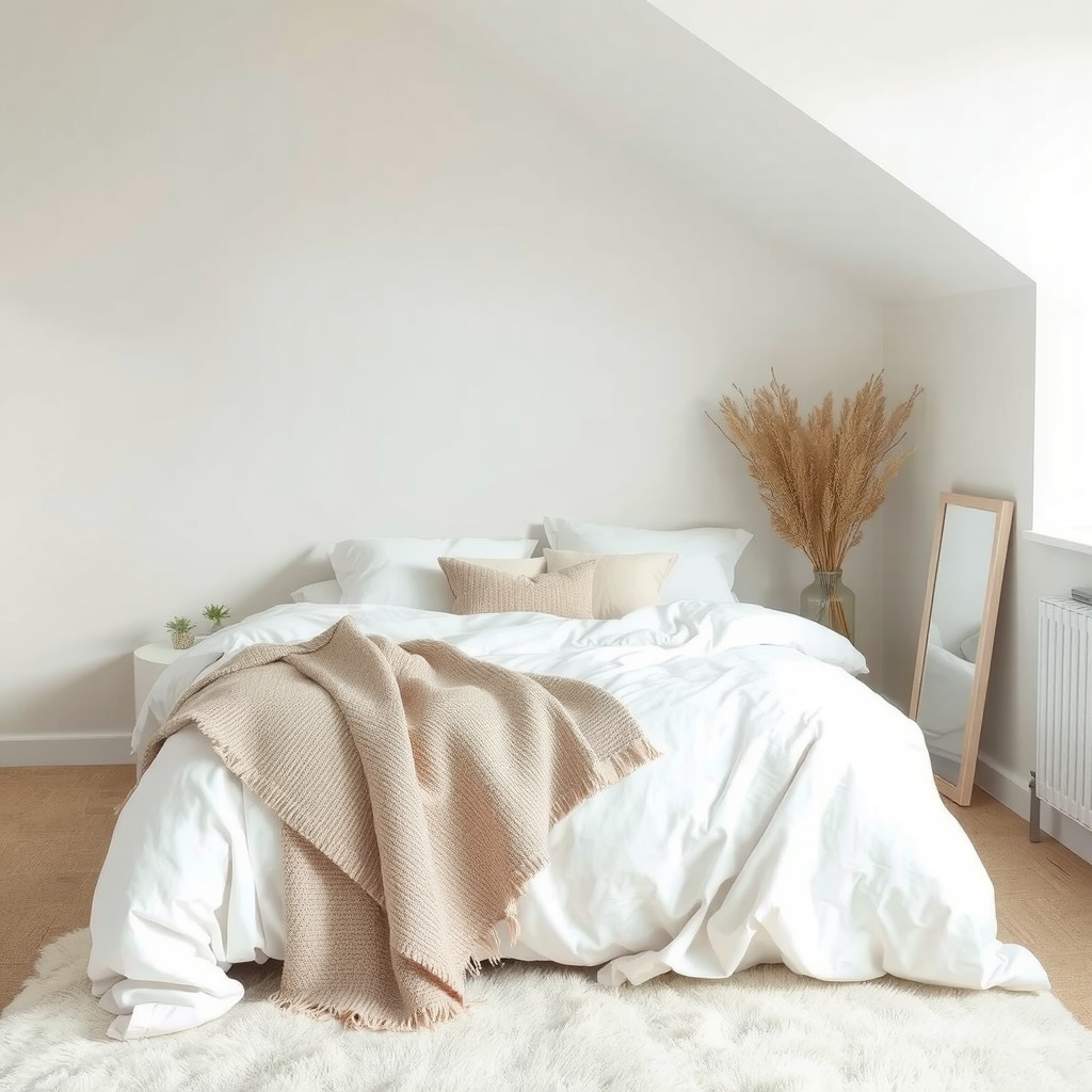 A bedroom with a bed dressed in soft, white linens, a throw blanket at the foot of the bed, and a plush area rug, all in a soothing color palette