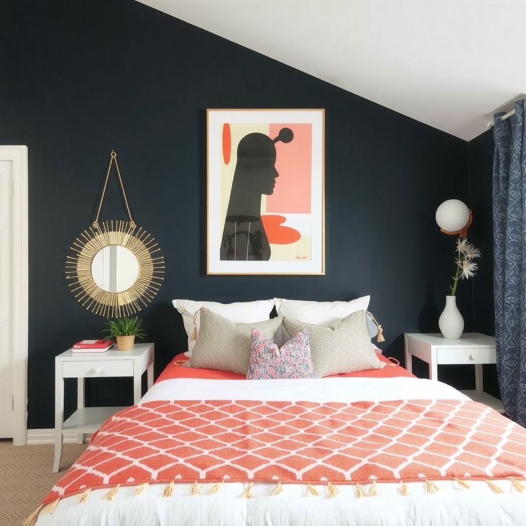 A bedroom with a statement piece of art above the bed, a decorative mirror, and a small potted plant on the bedside table, all in a bold color scheme