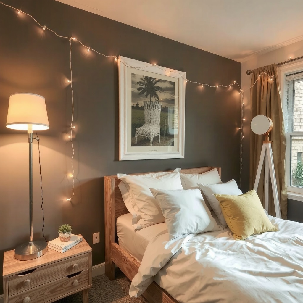 A bedroom with a table lamp on the bedside table, a floor lamp in the corner, and string lights around the window, all in a warm color palette