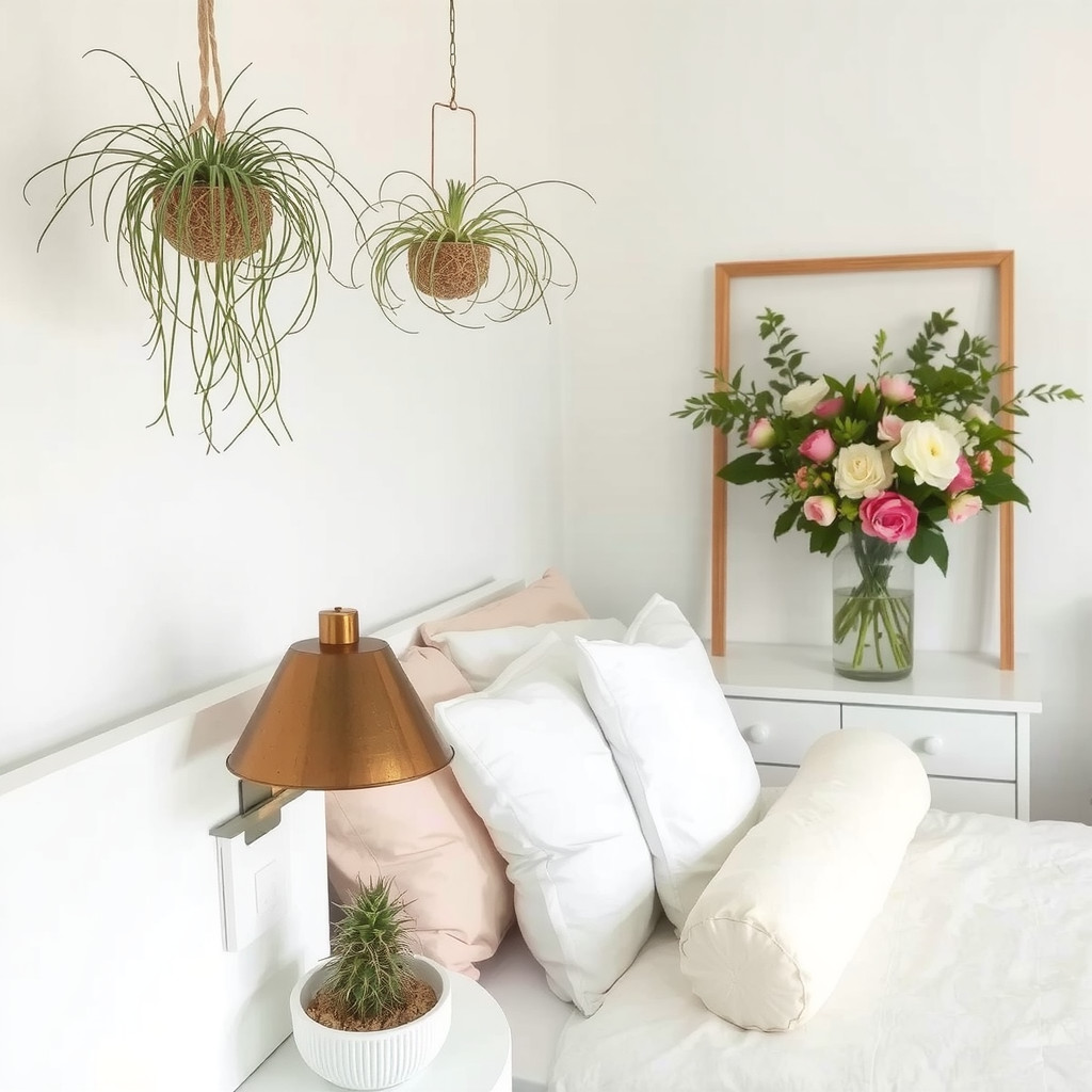 A bedroom with a small potted succulent on the bedside table, a hanging air plant above the bed, and a vase with fresh flowers on the dresser, all in a natural color scheme