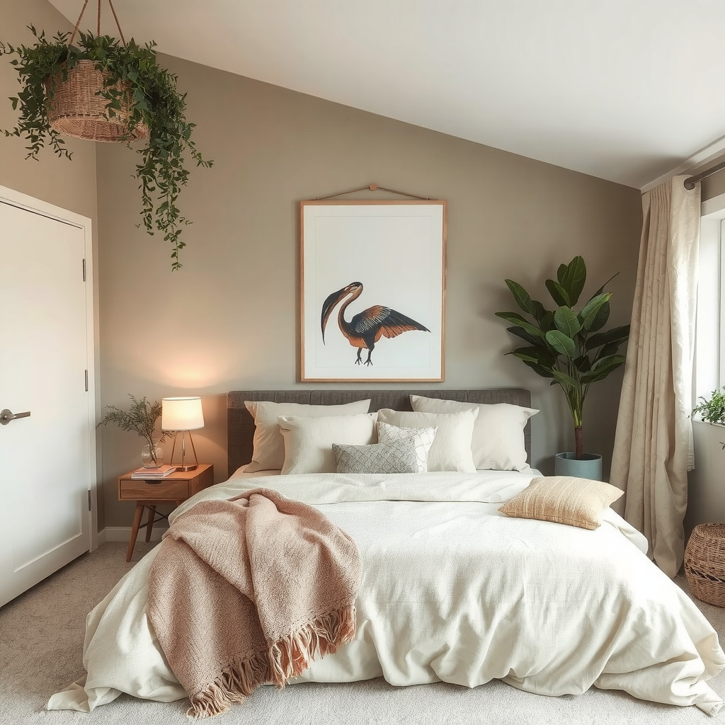 A cozy bedroom with a comfortable bed, soft textiles, a focal point, warm lighting, and some greenery, all in a soothing color palette