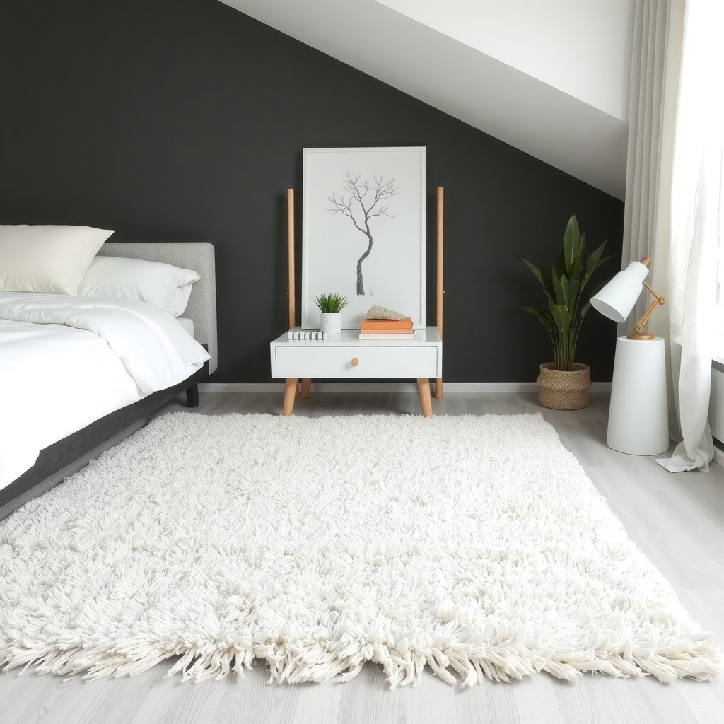 A bedroom with a plush area rug, a minimalist bed frame, and a bedside table with a table lamp, a book, and a small potted plant, all in a monochromatic color scheme