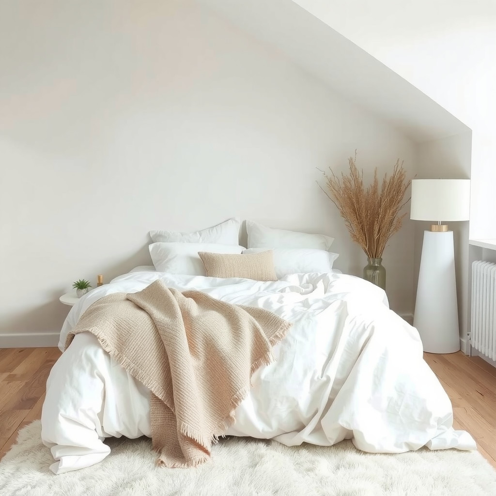 A bedroom with a bed dressed in soft, white linens, a throw blanket at the foot of the bed, and a plush area rug, all in a calming color palette