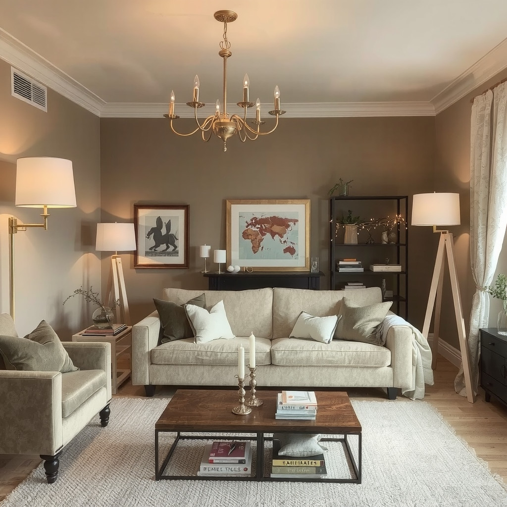 Layered whimsical lighting in living room