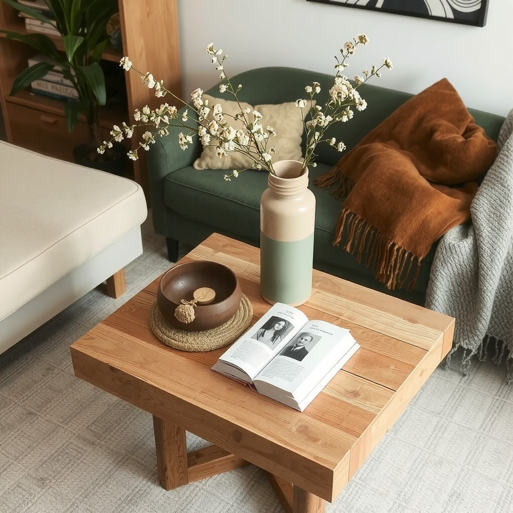 Wooden coffee table with throw blankets