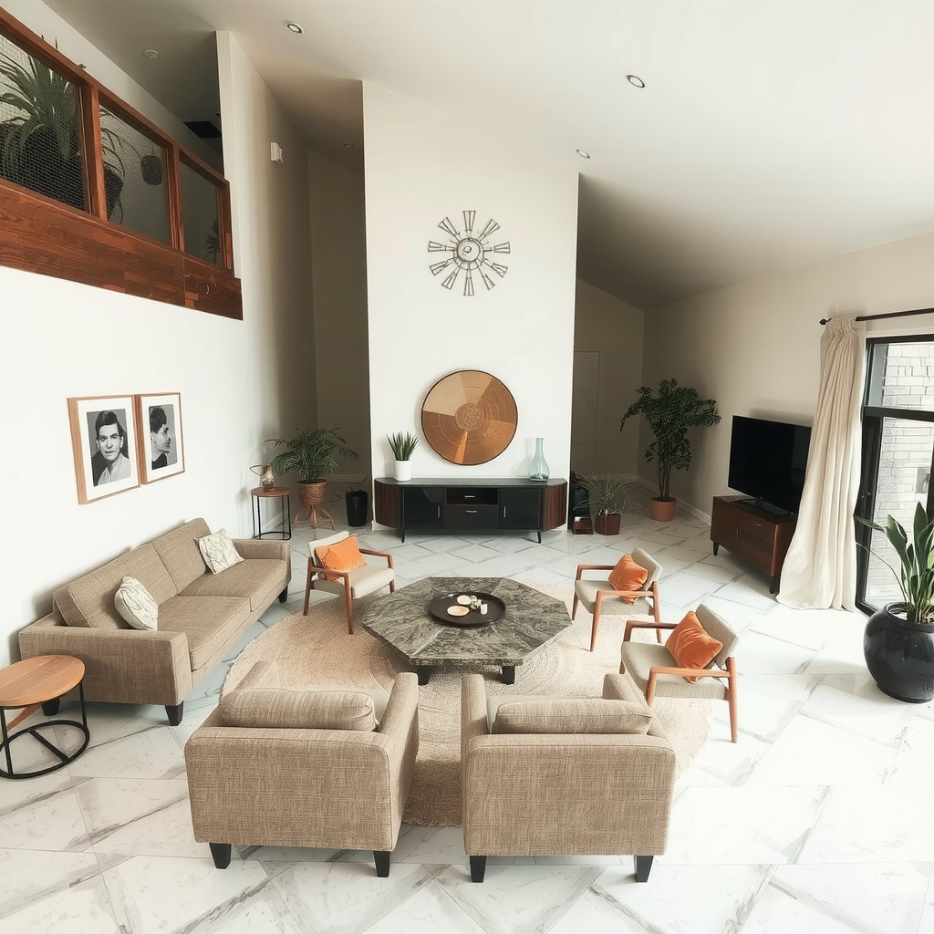 A spacious living room with a circular seating arrangement