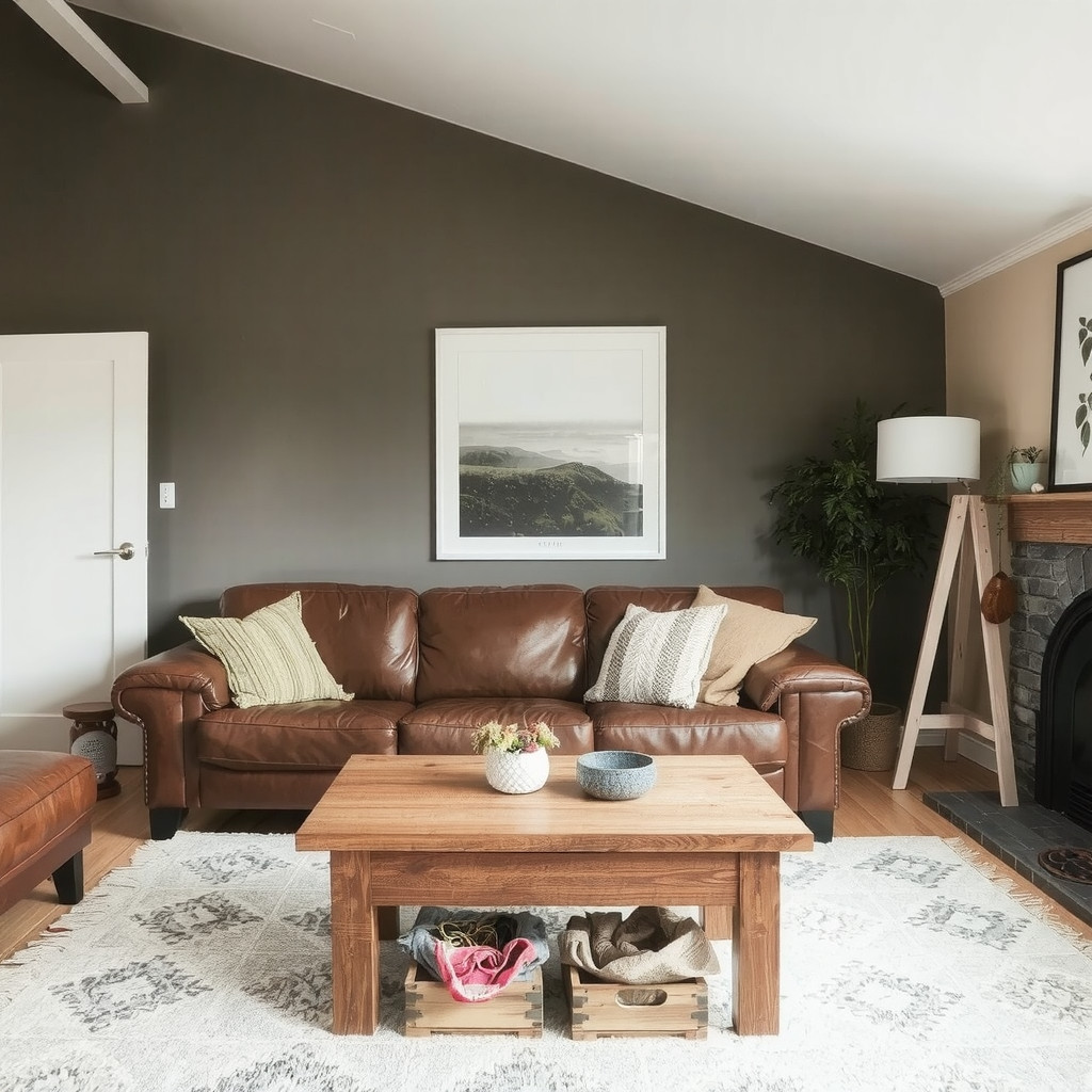 A living room with a leather sofa and a wooden coffee table