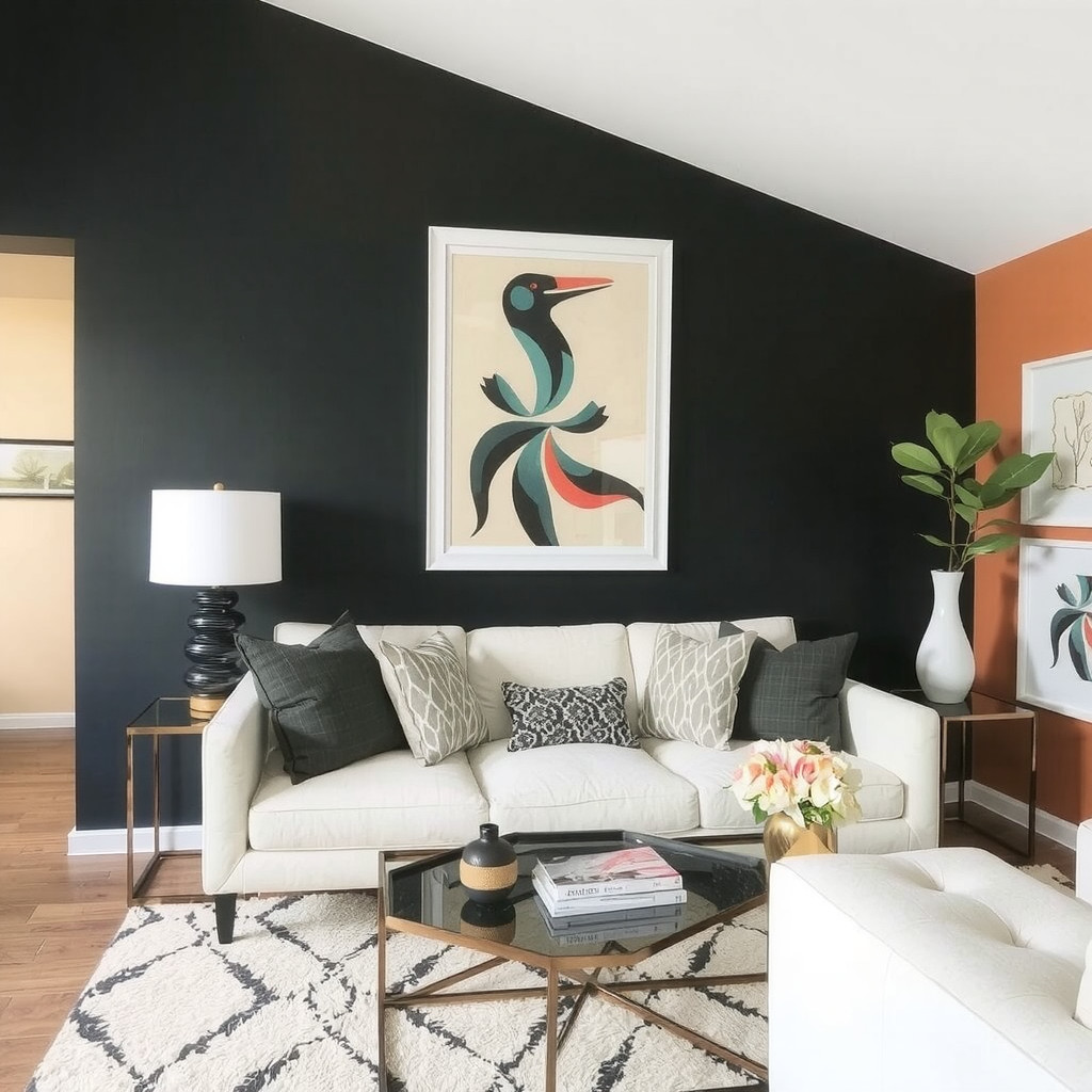 A living room with a statement piece of art above the sofa