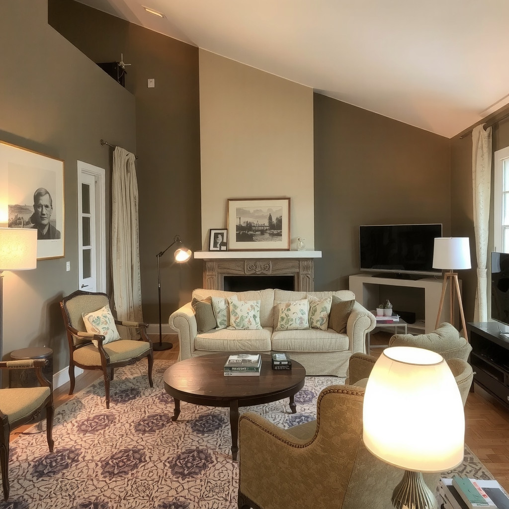 A living room with a combination of overhead and table lighting