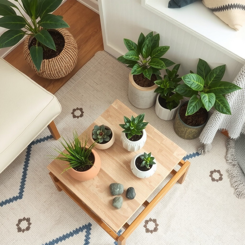 A living room with a few potted plants on the coffee table