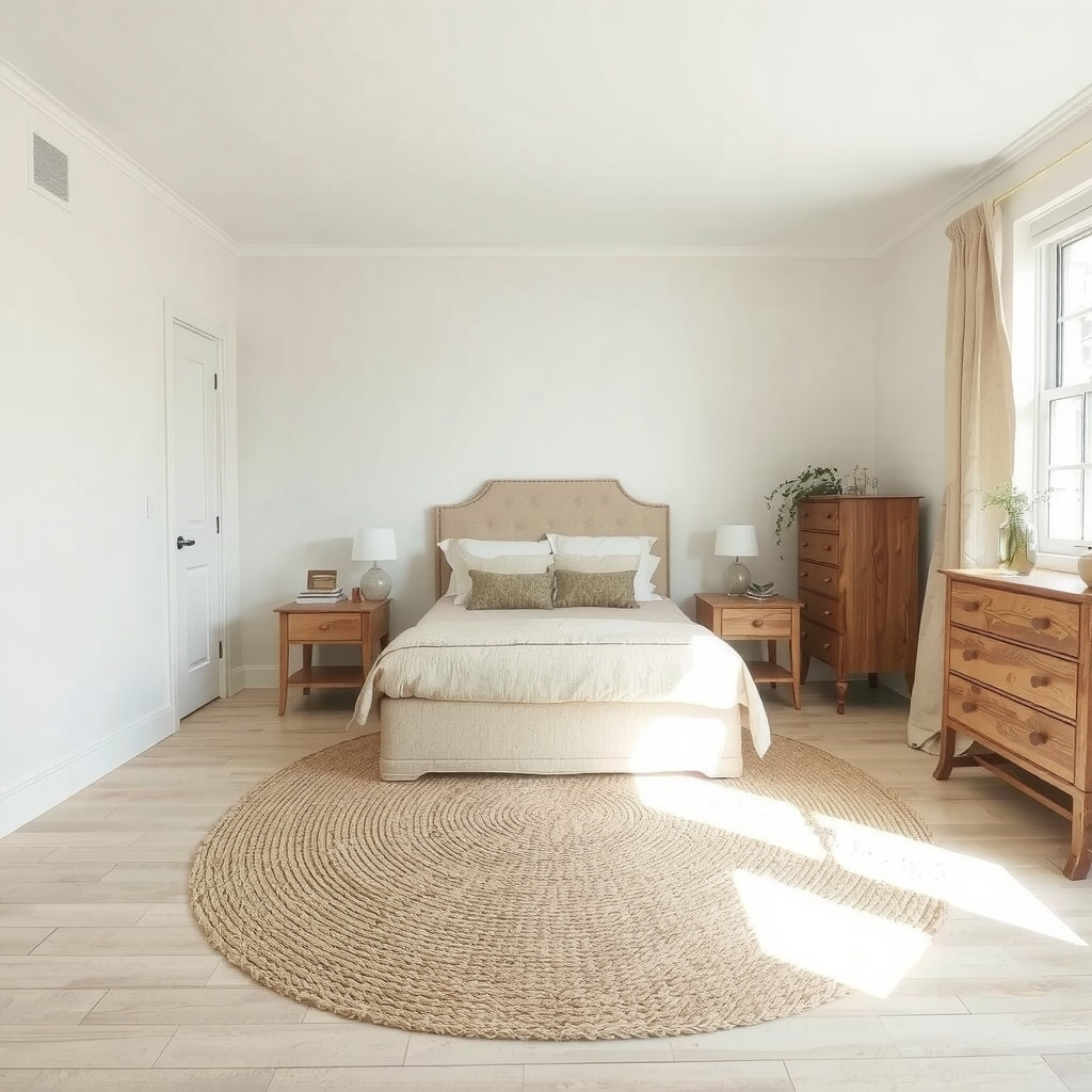 Calm bedroom layout with centered bed