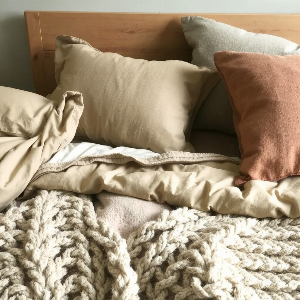 Layered earthy textiles on bed