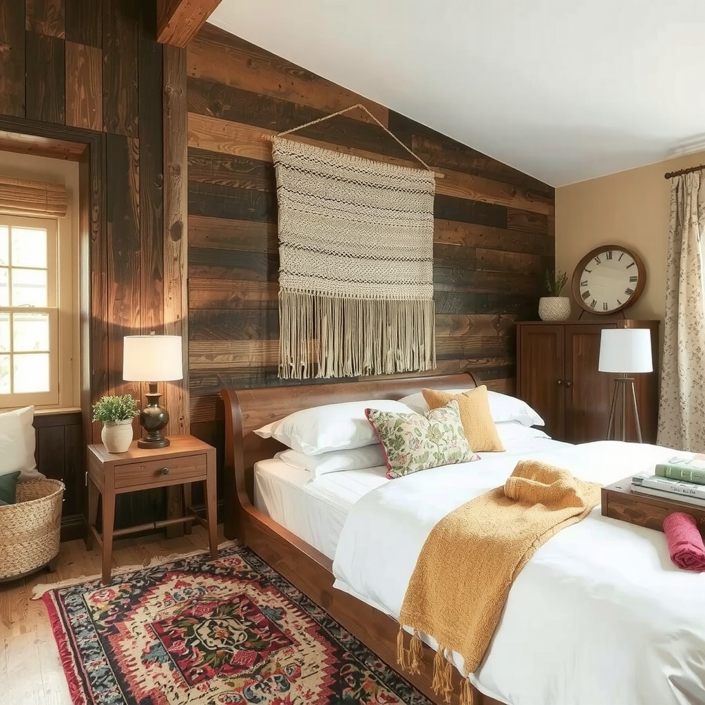 Earthy bedroom with a reclaimed wood headboard and a cozy reading nook