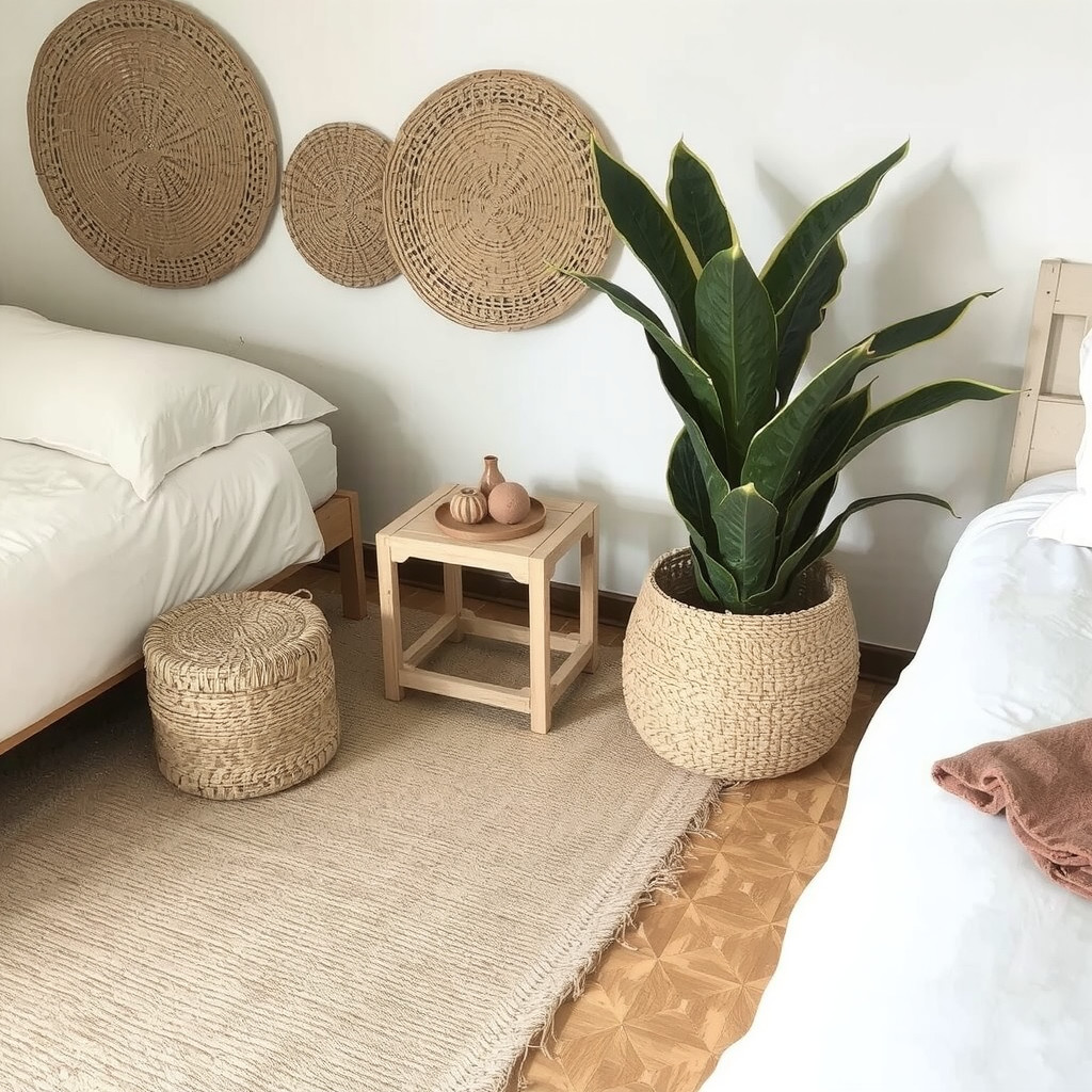 Earthy bedroom with a jute rug, woven baskets, and linen bedding