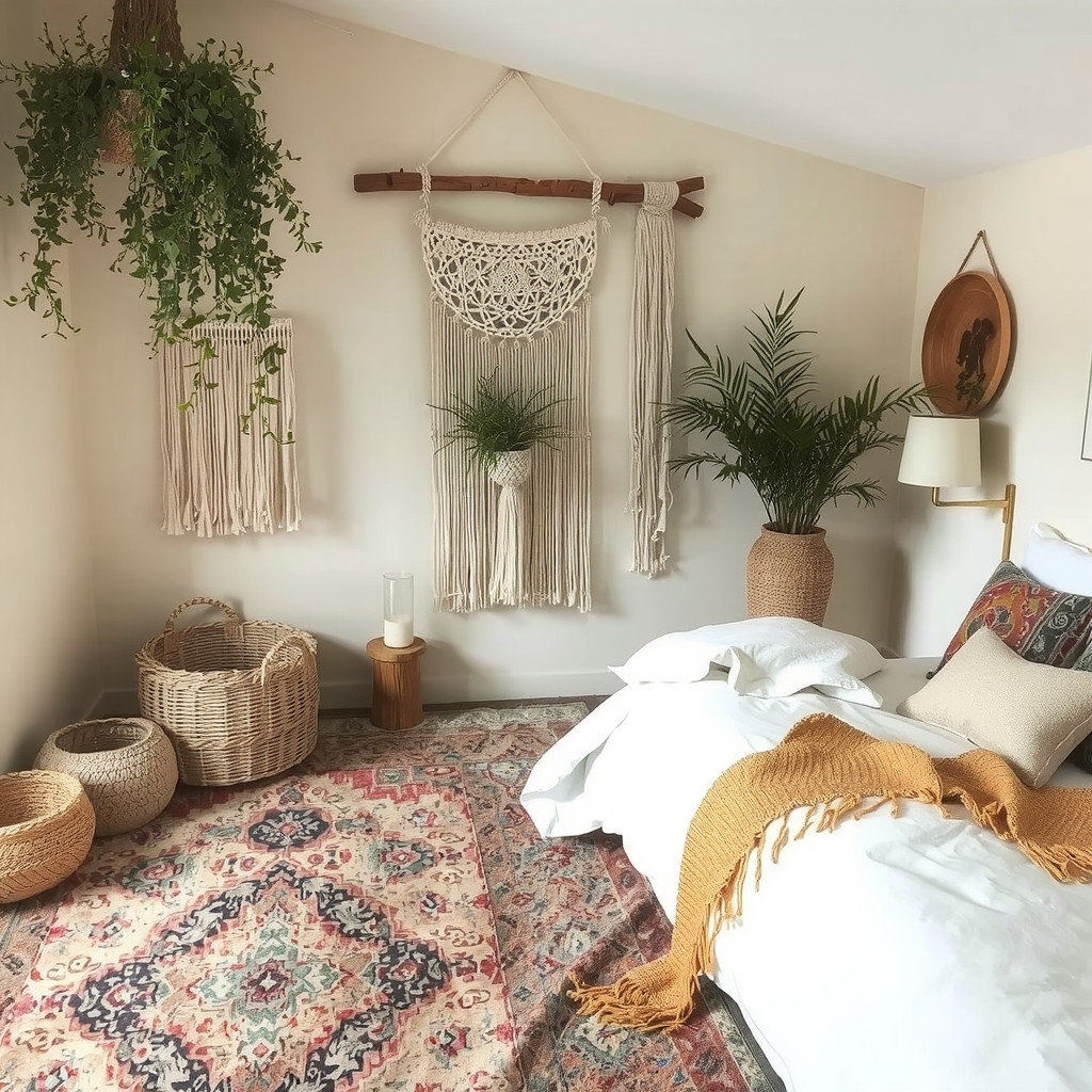 Earthy bedroom with a vintage rug and a natural fiber wall hanging