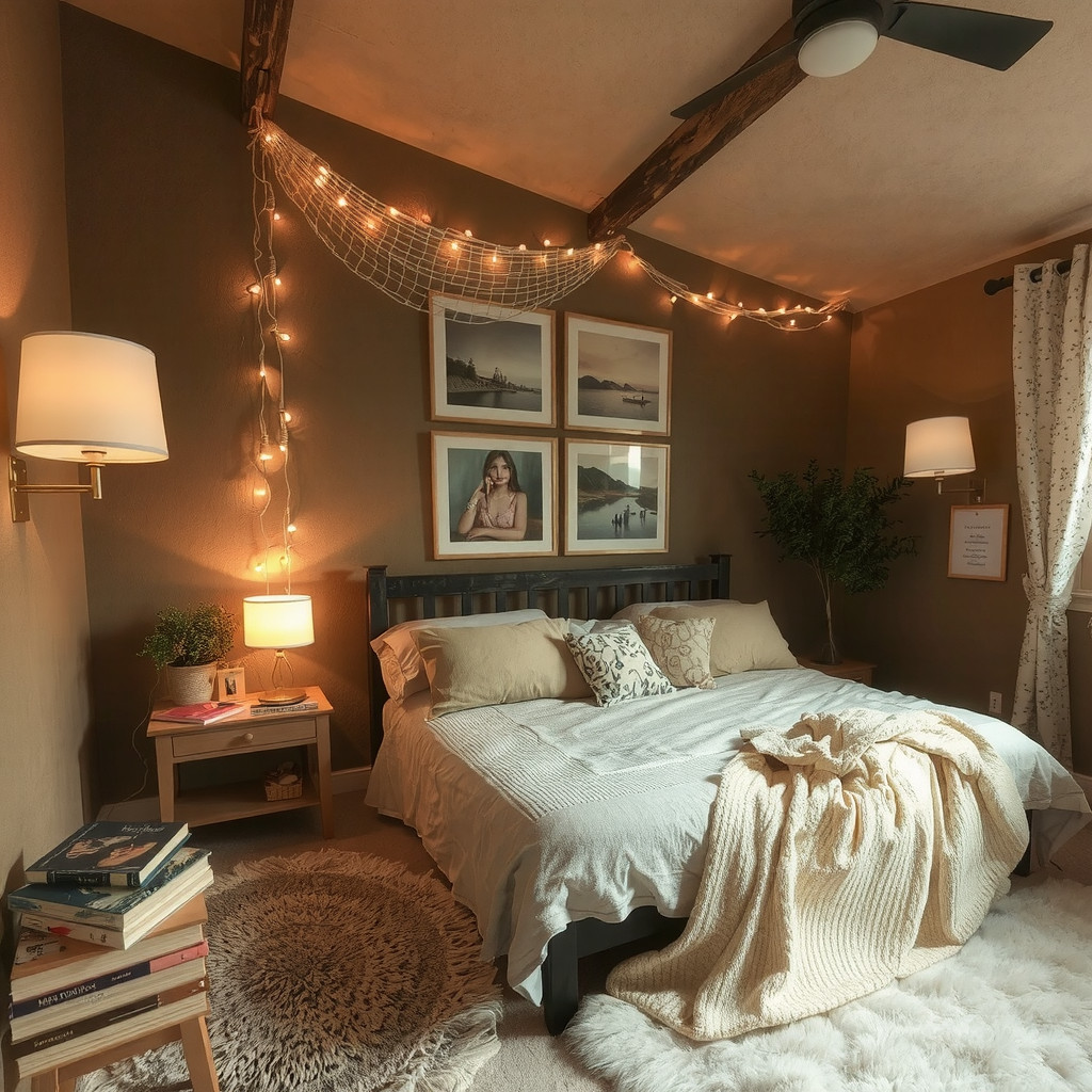 Earthy bedroom with table lamps and string lights
