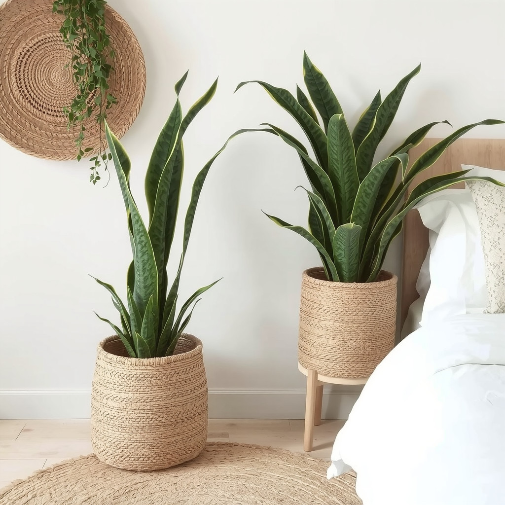 Earthy bedroom with a snake plant and a natural fiber planter