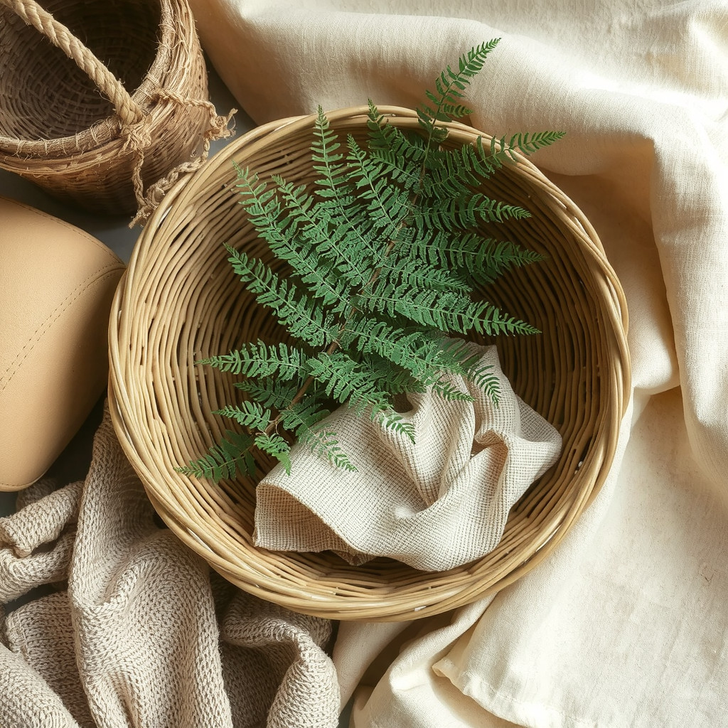 Woven basket with a fern