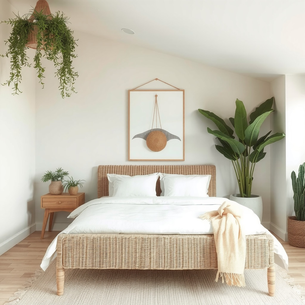 Bedroom with a natural fiber bed frame and a few plants
