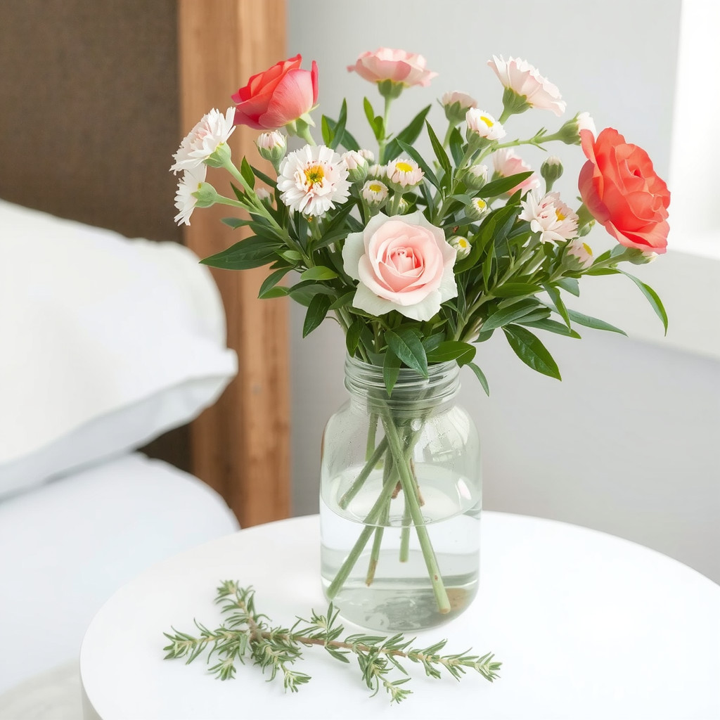 Vase with fresh flowers and a few sprigs of rosemary
