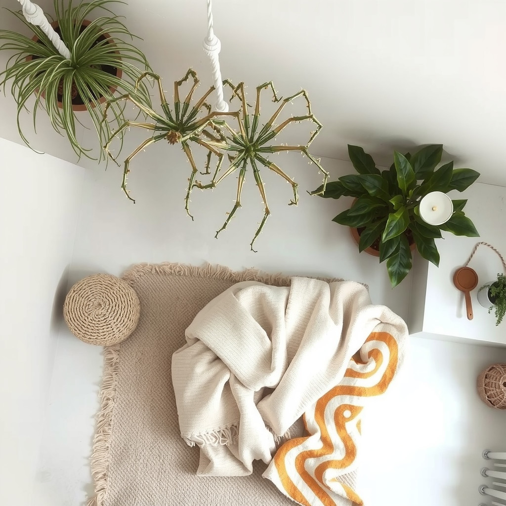 Cozy bedroom with plants and textiles