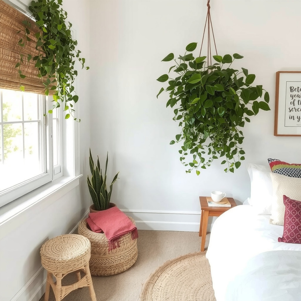 Bedroom with a hanging Boston fern