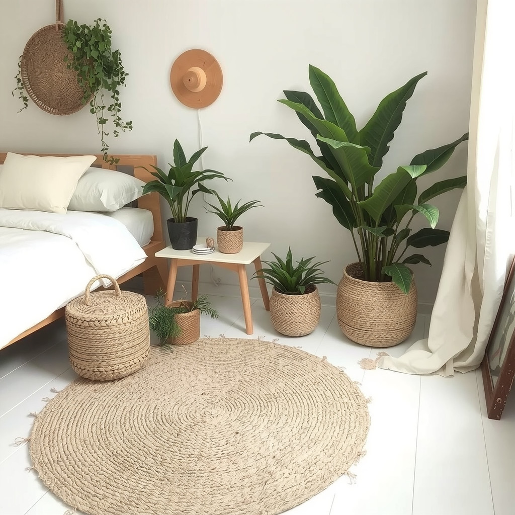 Cozy bedroom with a jute rug and potted plants