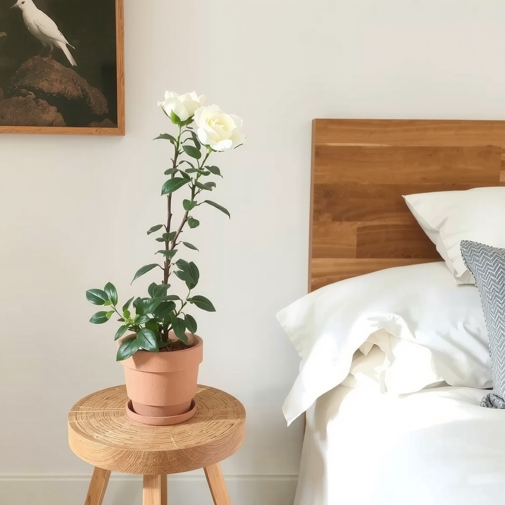 Bedroom with soft lighting and a gardenia plant