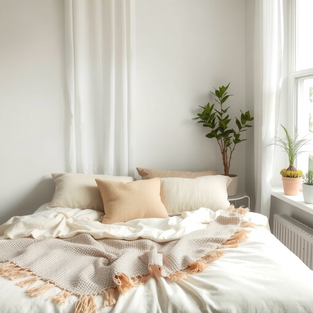 Bed with natural fiber bedding and a throw blanket
