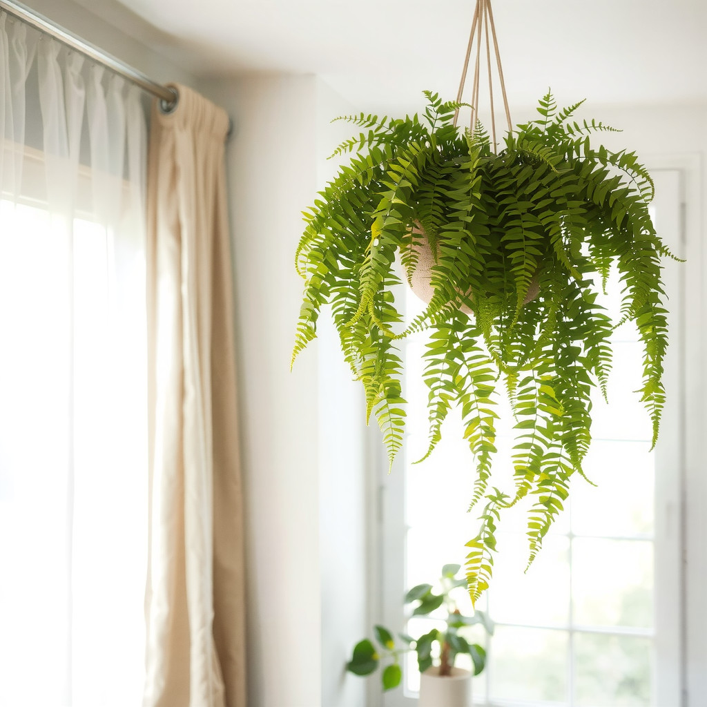 Hanging fern in a bedroom