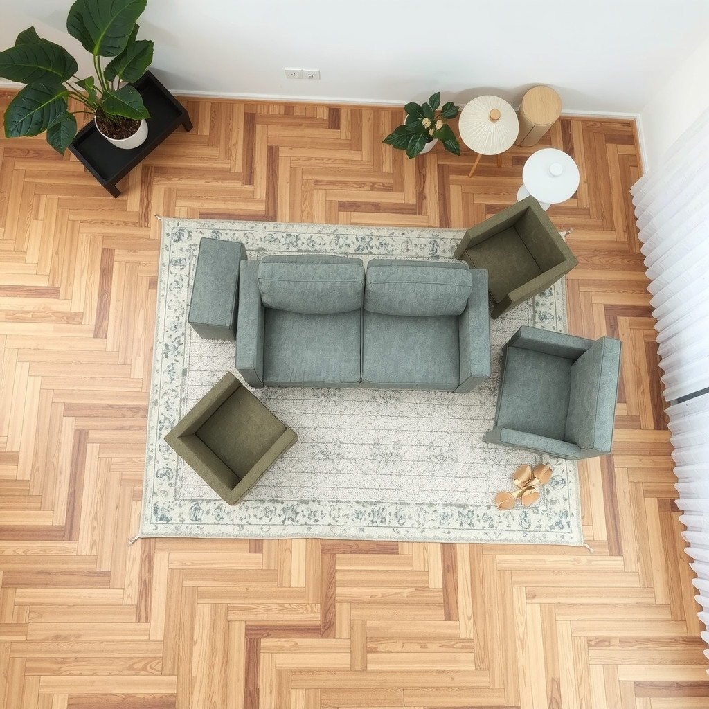 Overhead view of a living room layout with furniture floating away from walls