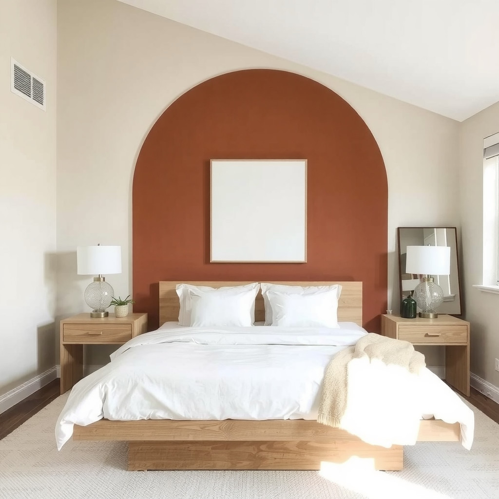 A bedroom with a terracotta painted arch behind the bed