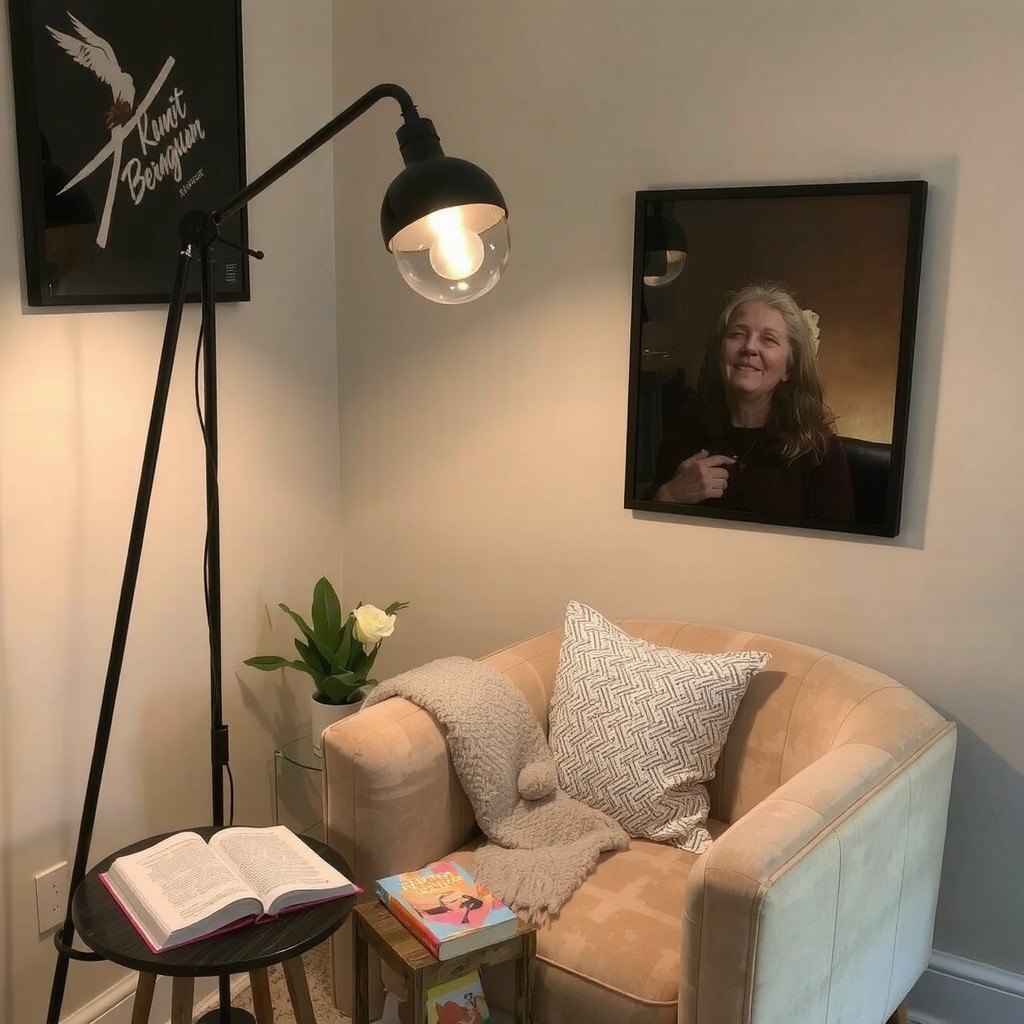 A cozy corner illuminated by a warm floor lamp and candles