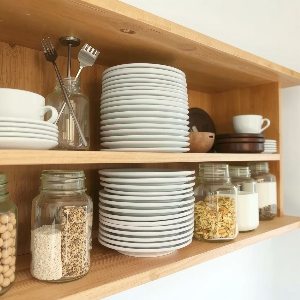 Open shelving with organized dishware