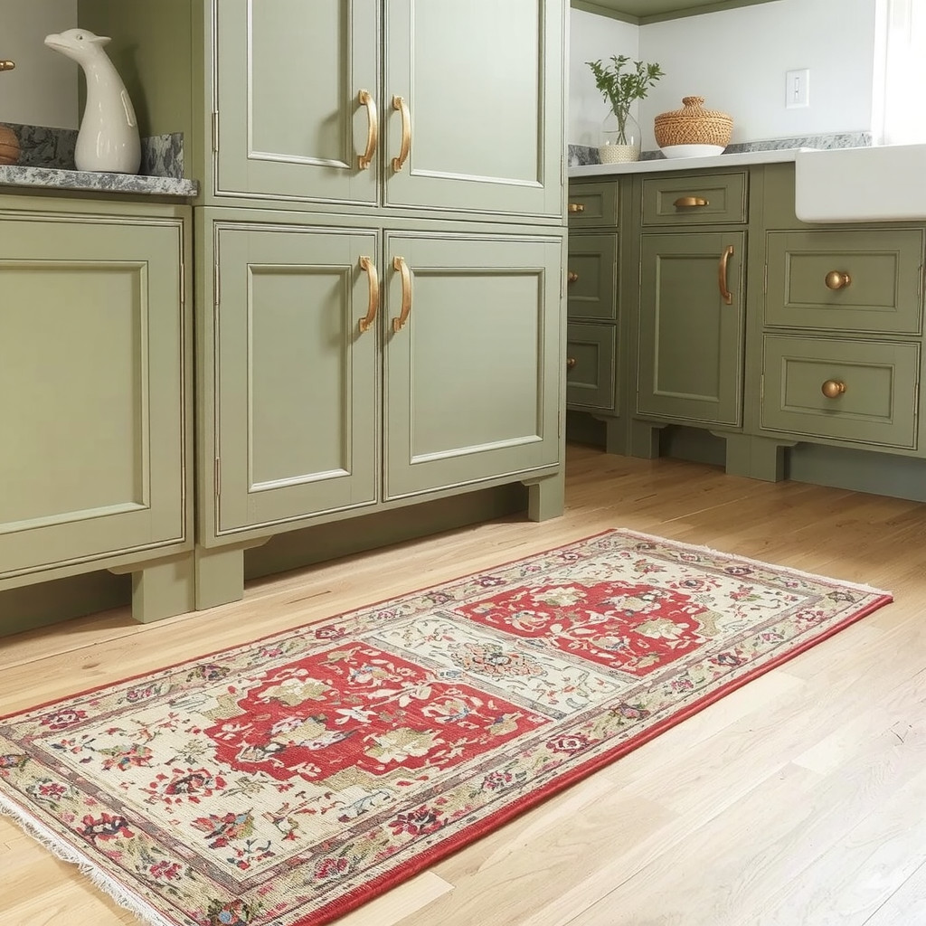 Painted cabinets with brass hardware and runner rug
